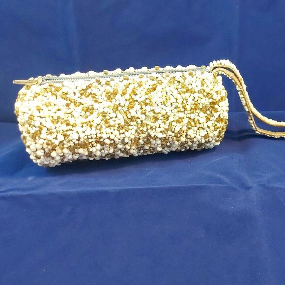 Beaded Clutch Bags Evening Bag Mini Beads Round Barrel White Gold Silver wrislet - Picture 1 of 10